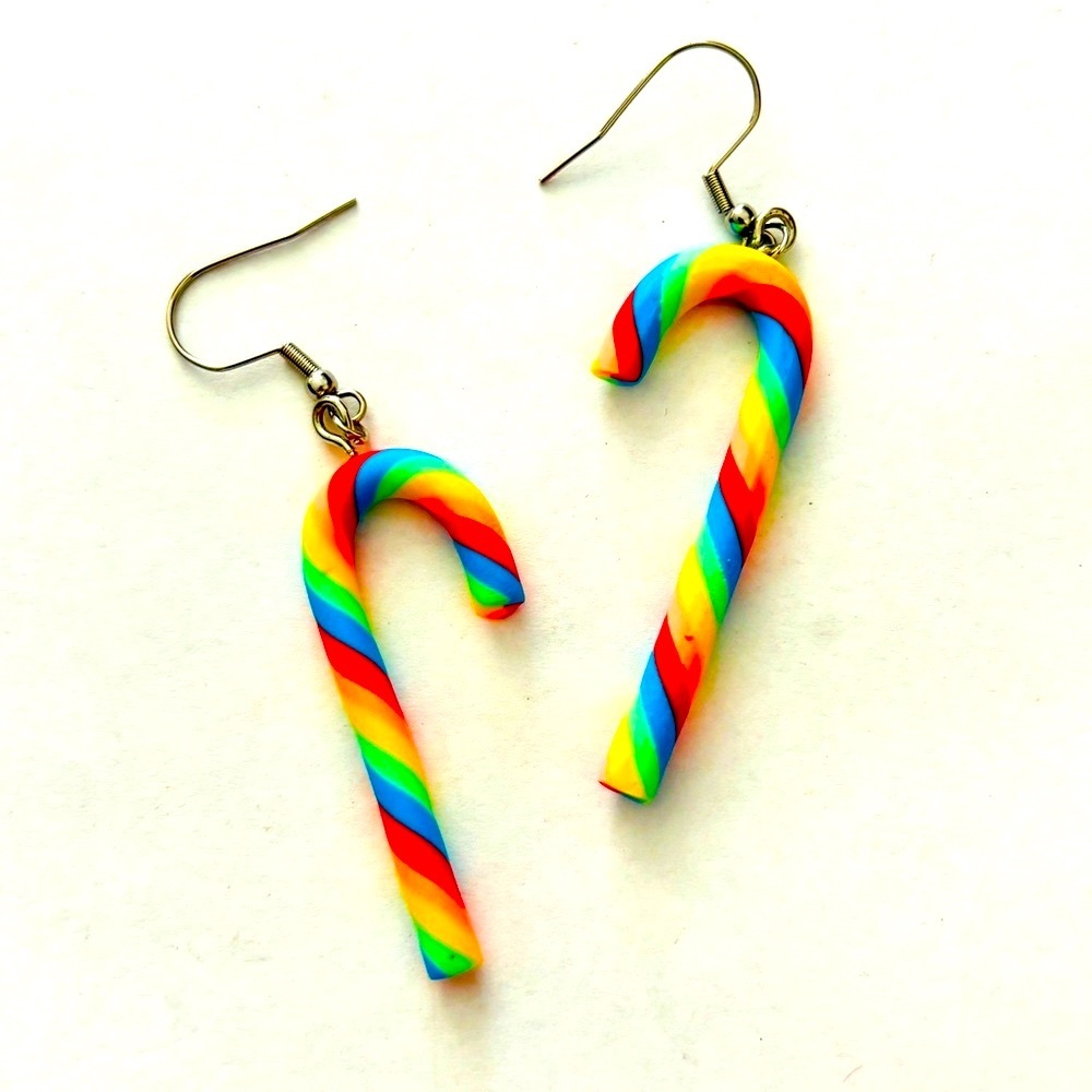 Rainbow Candy Cane Clay Earrings, NWT, Unworn
